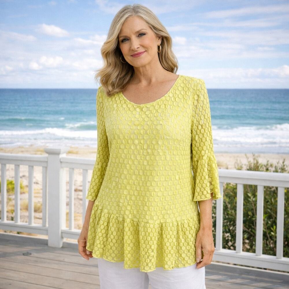 IC by Connie K Yellow Dot Flared Sleeve Asym Hem Top Large